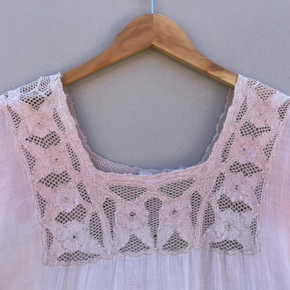 Free People Women's Peach Ombre Boho Crochet Lace Hippie Peasant Top Size M